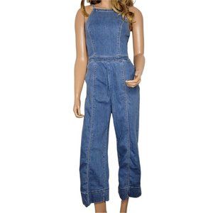 Hollister Denim Jumpsuit Overalls Wide Leg Shirred Back Womens Size Small Blue